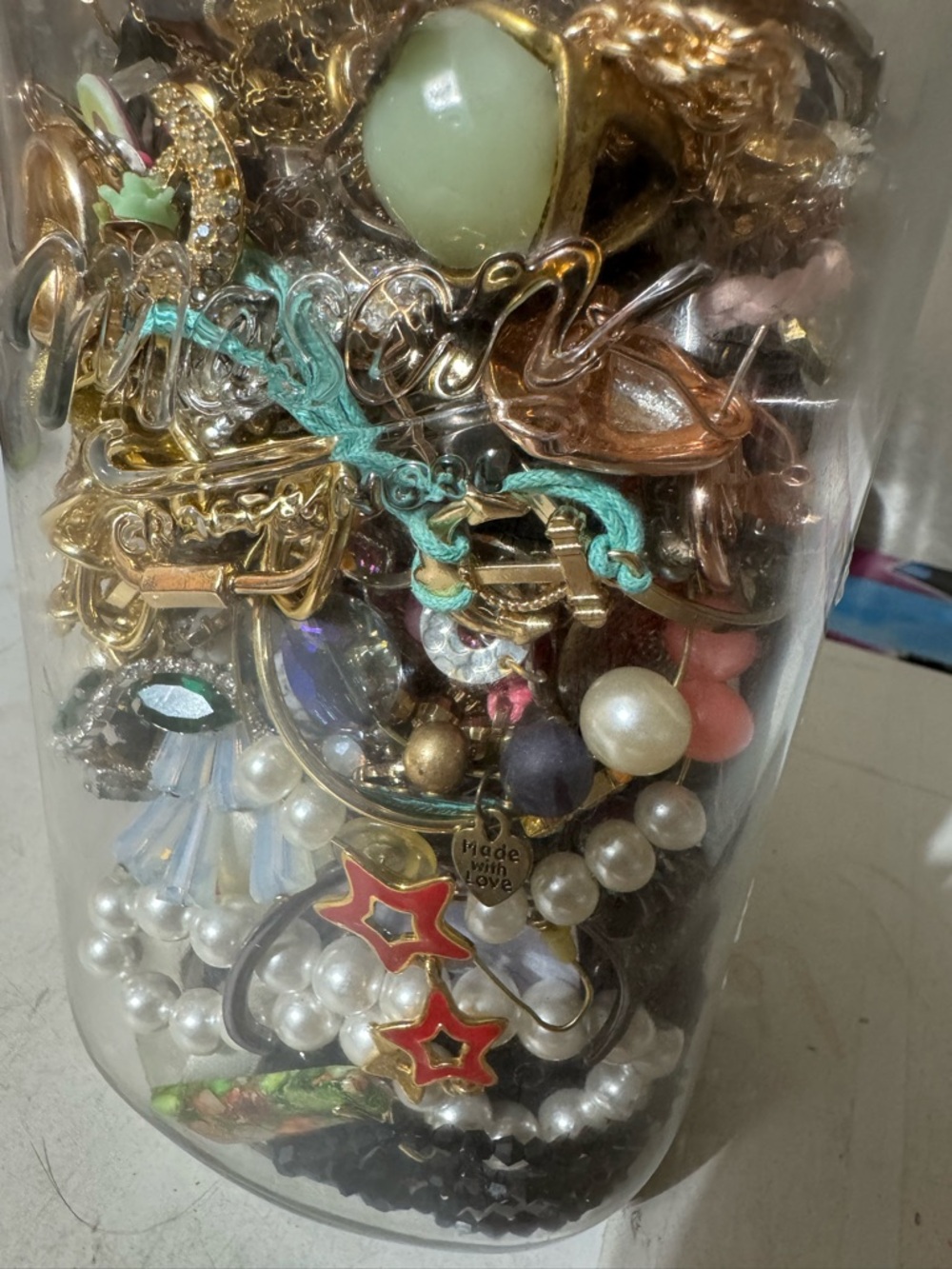 Mixed Fashion Jewelry  - Gold, Pearl, Coral & Teal Accents in 60 oz mason jar